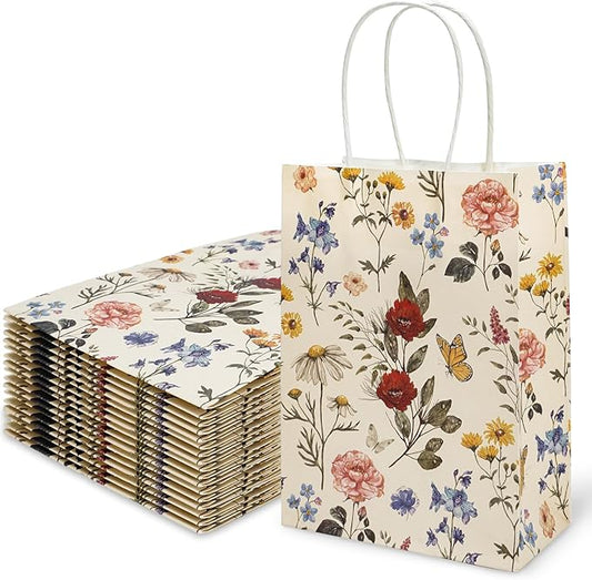 24Pcs Vintage Wildfloral Paper Gift Bags Wildflower Print Treat Bags with Handles Grocery Shopping Bag Candy Goodie Bag for Fall Baby Shower Wedding Party Supplies