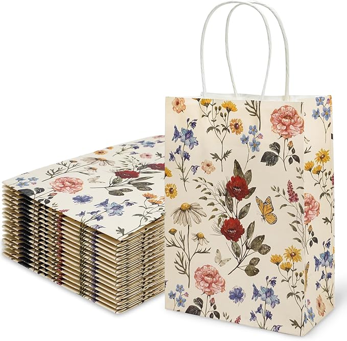 48Pcs Vintage Wild Floral Paper Gift Bags With Handles - Wildflower Print Treat Bags for Grocery Shopping, Candy, Baby Shower, Wedding Party Supplies