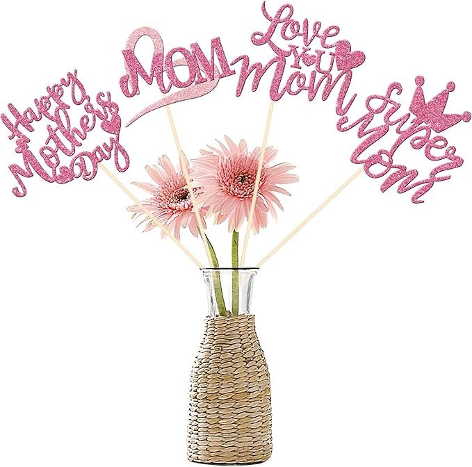 12 PCS Happy Mother's Day Centerpiece Sticks Double Sided Glitter Love Super Mom Best Mom Centerpieces for Happy Mother's Day Theme Table Flower Decorations Women Birthday Party Supplies Pink