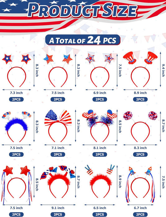 Blowata 12PCS 4th of July Headband, USA Headbands, Patriotic Headbands Head Boppers for Independence Day Parade Celebration