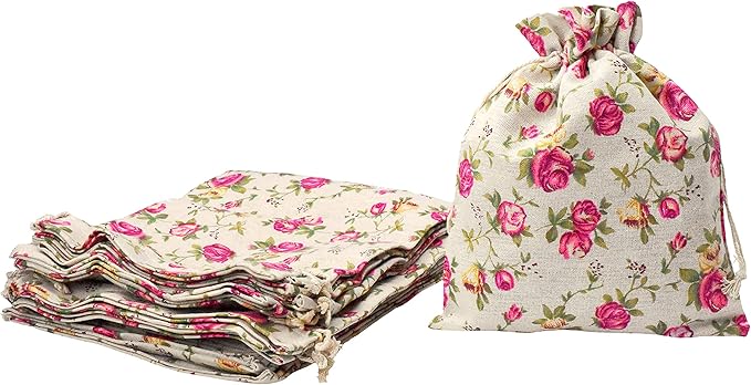 Mandala Crafts 8X12 Inch Rose Burlap Drawstring Gift Bags for Favors - 20 Large Floral Linen Sacks Gift Pouches for Candy, Coffee, Jewelry, Wedding, and Party Supplies