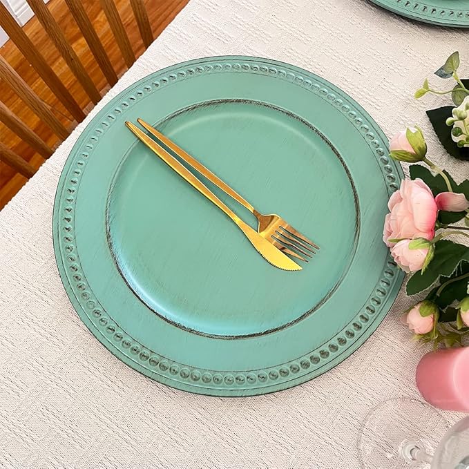 Antique Green Charger Plates,13 Inch Vintage Dinner Plate Chargers Round Server Ware.Set of 6 Plastic Beaded Chargers for Dinner Plates, Party, Wedding(Turquoise)