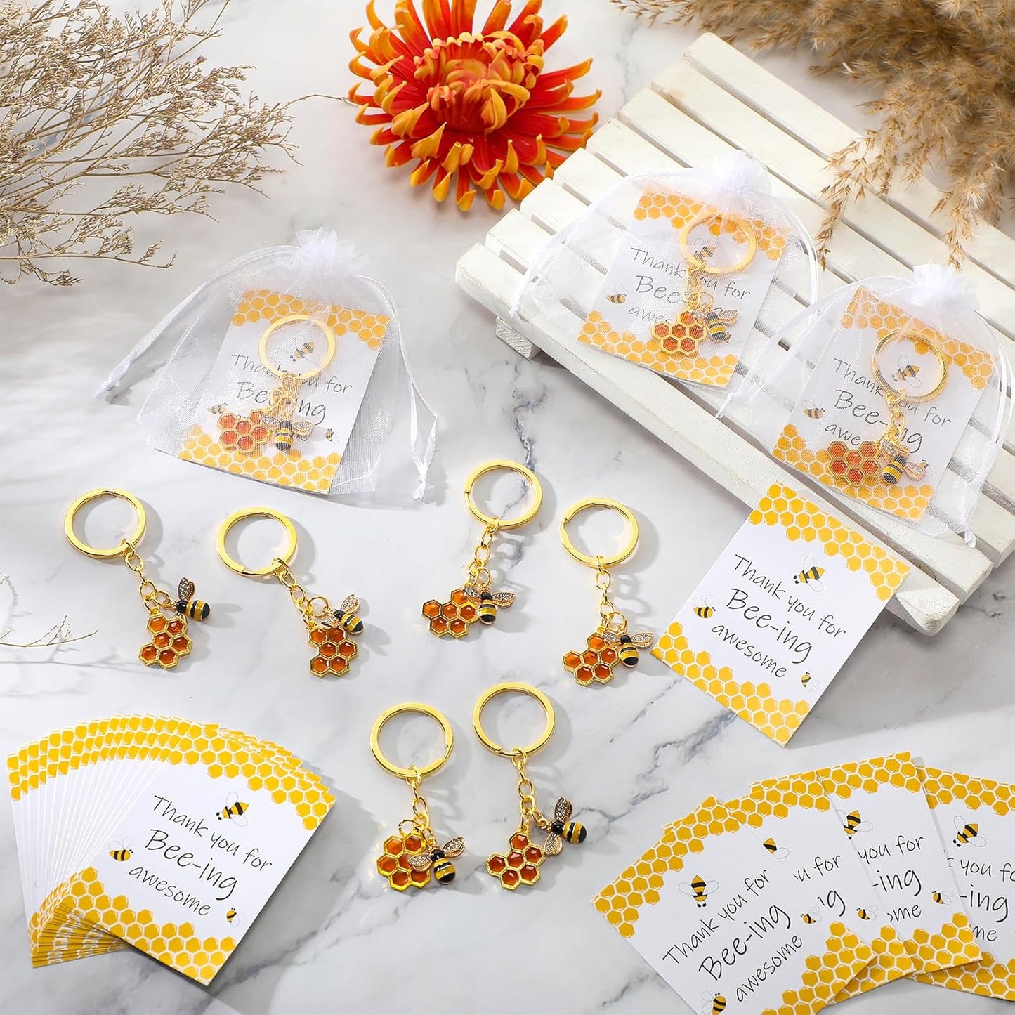 Landical Bee Employee Appreciation Gift Inspirational Bee Keychains Thank You Cards Organza Bag Cute Gifts for Coworker