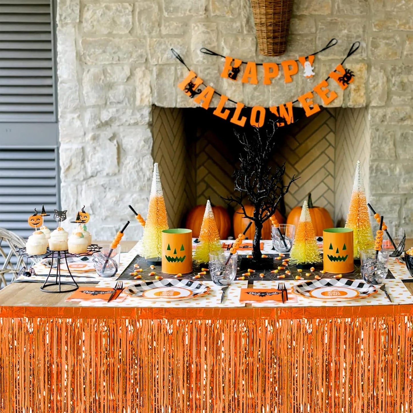 6 Pack 29x108 Inch Orange Metallic Foil Fringe Table Skirts Banner for Tinsel Streamer Garland Curtains Backdrop for Parade Floats Wedding Baby Shower Birthday Christmas Halloween Party Decoration