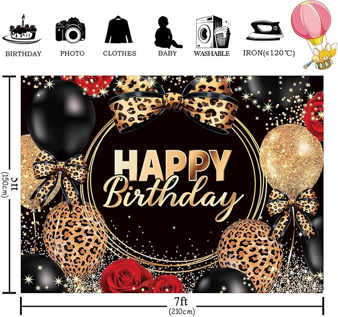 Homewelle Leopard Print Bow Happy Birthday Backdrop 7Wx5H Feet Polyester Fabric Black Gold Red Rose Cheetah Print Bownot Decoration Cool Balloon for Women Girl Photography Background Photo Shoot Props
