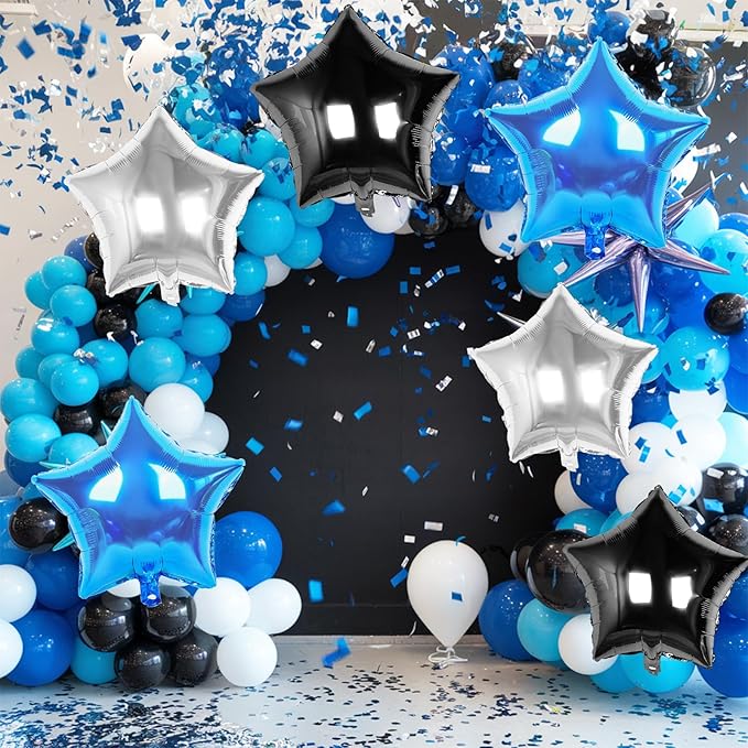 Blue Black Silver Star Foil Balloons, 10PCS Foil Stars Shape Balloon, 18 Inch Metallic Star Pentagram Balloons Helium for Boys Men, Graduation, Baby Shower, Wedding, Space Birthday Party Decoration