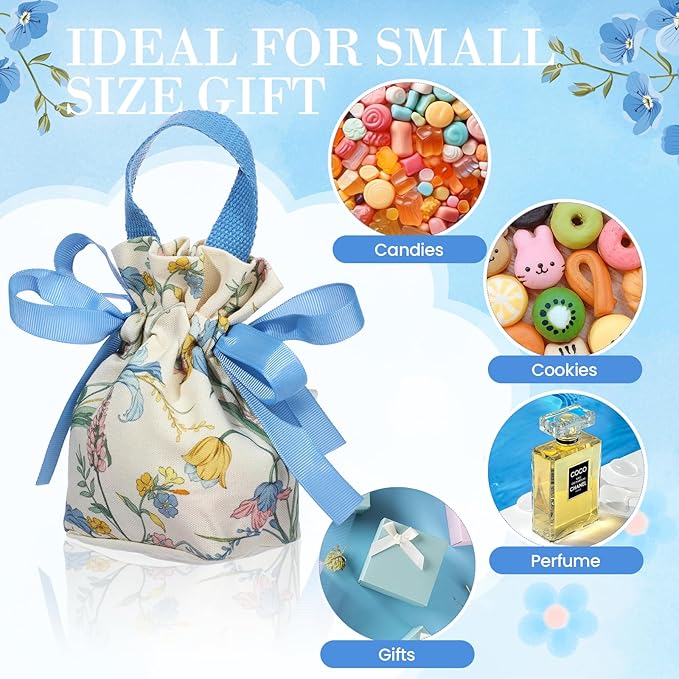 Liobelon 8 Pieces Floral Mini Gift Bags with Handles 14x9.5x6cm/5.5x3.7x2.3inch Canvas Candy Bag Tea Party Favor Bags for Party, Wedding, Bridal Shower, Valentine's Day, Mother's Day Jewelry Bag