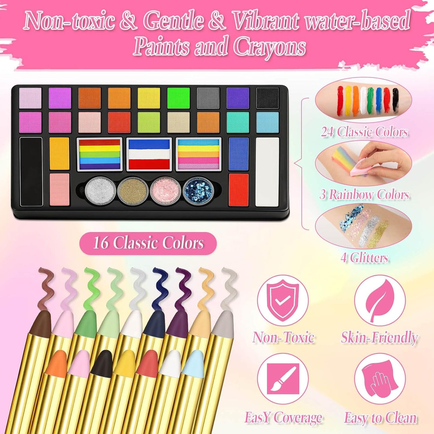 Face Painting Kit for Kids, 27 Colors Non-Toxic Paint with Brushes, 16 Crayons, 6 Reusable & 40 Sticky Stencils, Face Gems, Tattoos for Cosplay Parties & Halloween Makeup