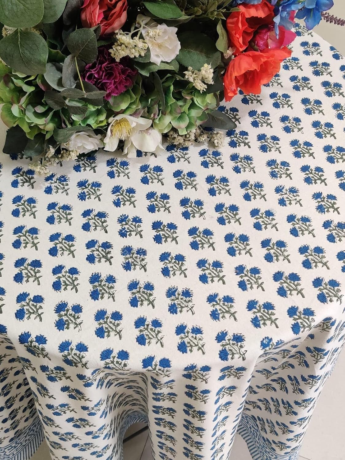 ATOSII Gulbahar Blue 100% Cotton Fall Round Tablecloth, Handblock Print Floral Table Cloth for Kitchen Dining Linen I Thanksgiving, Christmas, Weddings, Outdoors, Parties I 72" Inches Diameter