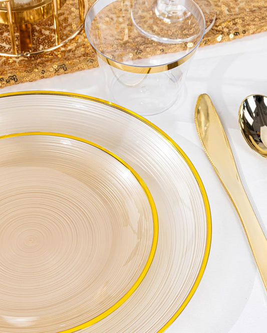 Morejoy 175PCS Clear Brown Plastic Plates - Disposable Gold Party Plates & Pre Rolled Napkins with Cutlery for 25 Guests, 50Plates, 75Silverware, 25Cups, 25Napkin for Party & Thanksgiving