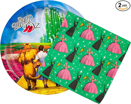 Silver Buffalo The Wizard of Oz Emerald City Featuring Dorthy, Lion, Tin Man, Scarecrow, Wicked Witch of the West Elphaba, and Glinda 32 Pack Partyware Disposable Paper Plates and Napkins