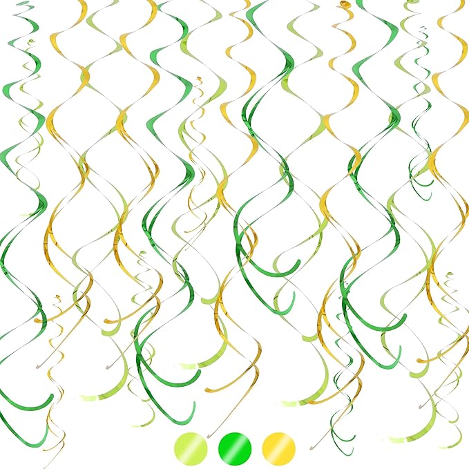 BEISHIDA Green Gold Hanging Swirls Party Decorations Plastic Streamer for Dinosaur Theme Birthday Graduation St. Patrick’s Day Jungle Party Decorations, Pack of 24