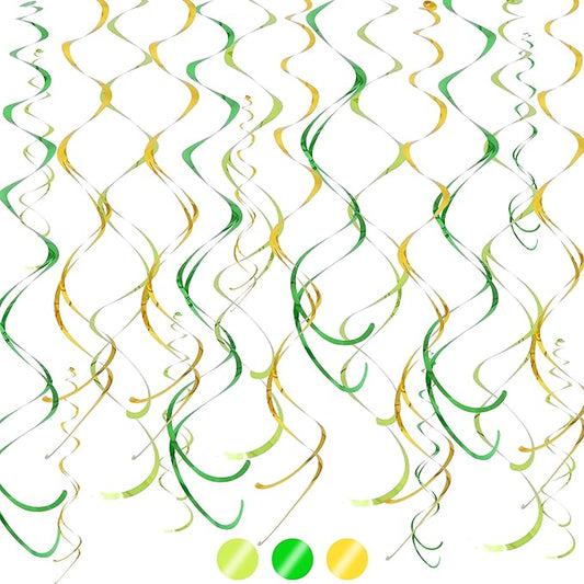 BEISHIDA Green Gold Hanging Swirls Party Decorations Plastic Streamer for Dinosaur Theme Birthday Graduation St. Patrick’s Day Jungle Party Decorations, Pack of 24
