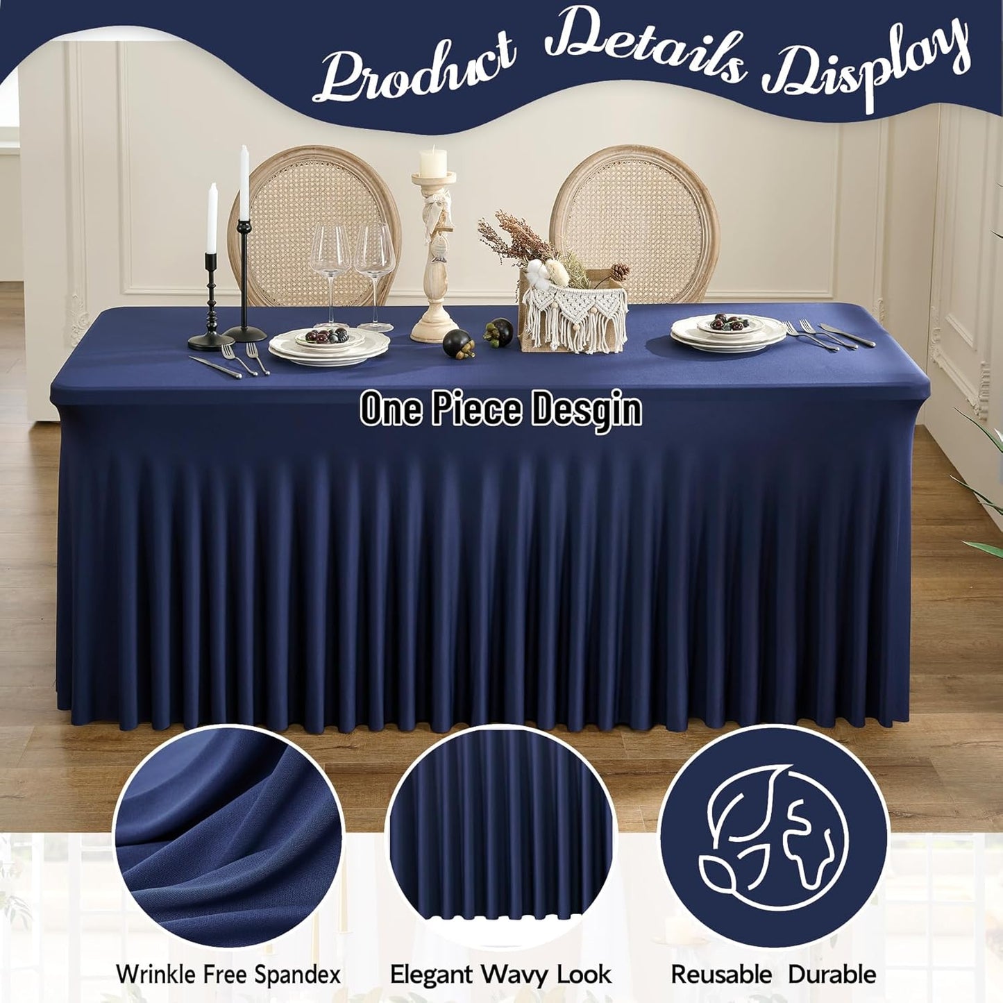 Leegleri 4 Pack Navy Blue Spandex Tablecloths for 8ft Rectangle Tables, Wrinkle Free Fitted Table Cloths with Skirt for Parties Weddings Birthday Banquets