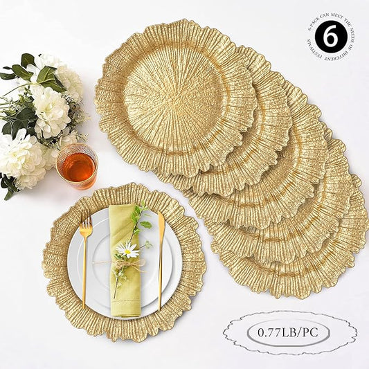 MAONAME Round 13" Gold Charger Plates, Set of 6, Reef Plate Chargers for Dinner Plates, Plastic Table Chargers for Wedding, Thanksgiving, Christmas