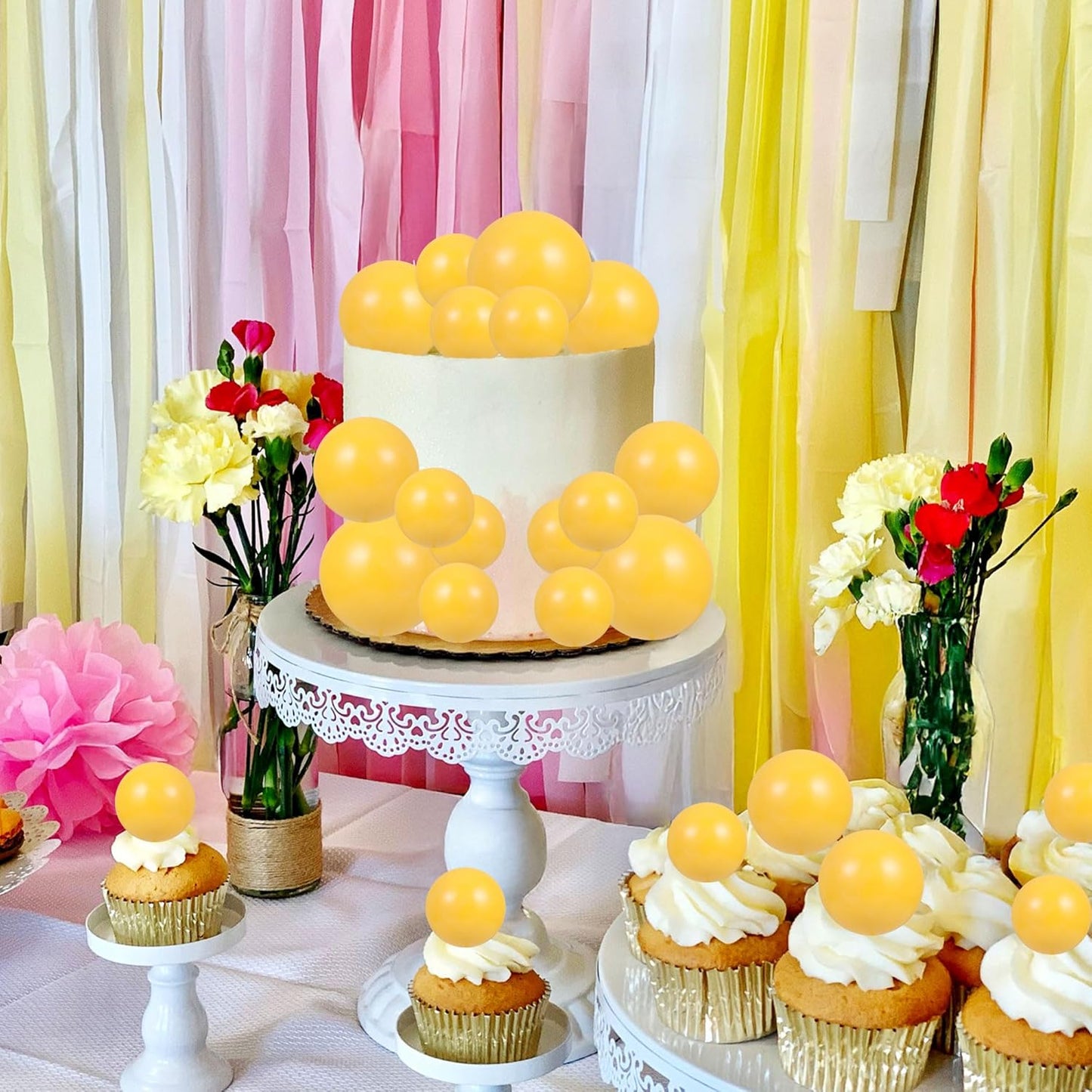 Gyufise 30Pcs Balls Cake Topper Foam Ball Cake Picks Mini Balloon Cupcake Insert Bubble Balls DIY Decoration for Baby Shower Wedding Anniversary Kids Birthday Party Cake Decorations Yellow
