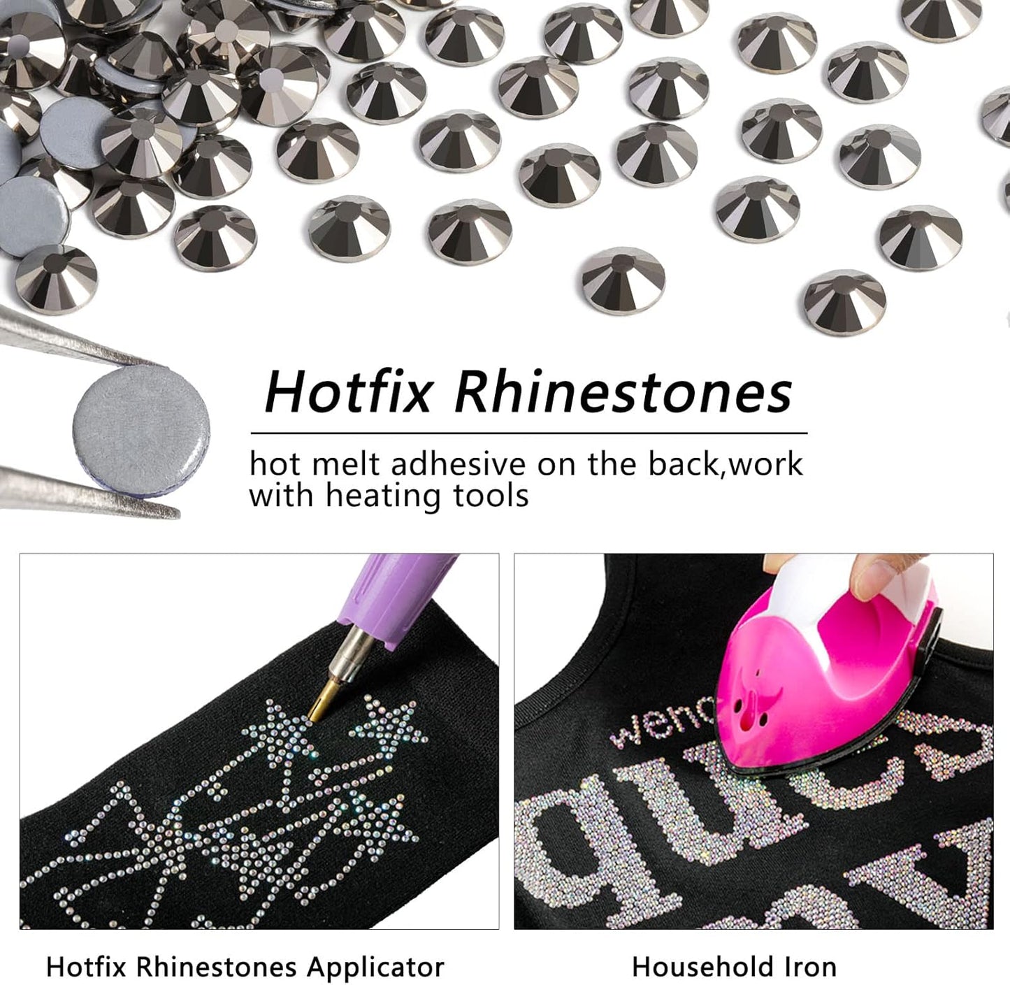 Beadsland Hotfix Rhinestones, 1440pcs Flatback Crystal Rhinestones for Crafts Clothes DIY Decoration,Hematite, SS12, 3.0-3.2mm