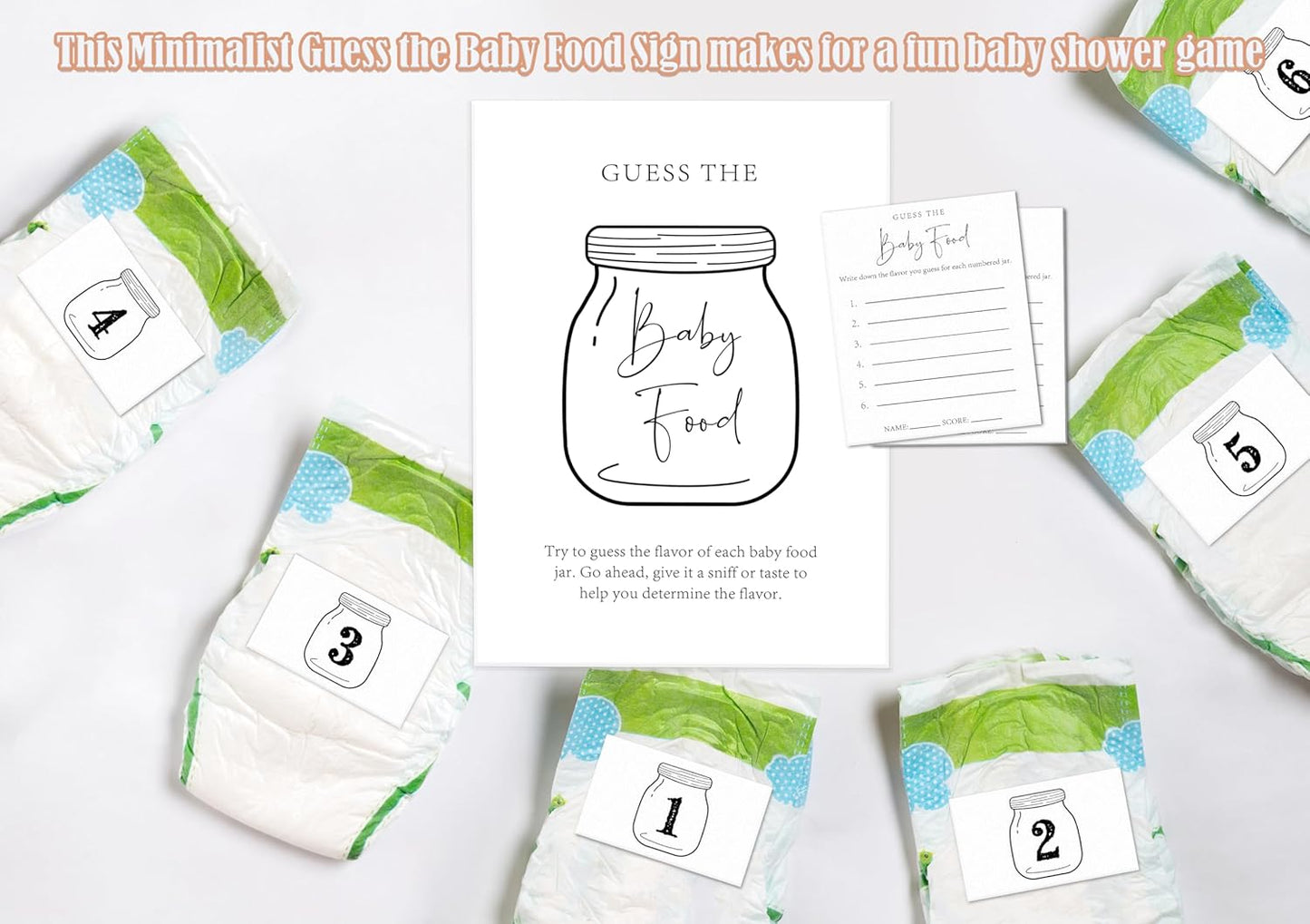 Guess the Baby Food Game Baby Shower Sign, Wooden Sign with Stand, 8X11 inches, 25 Cards & 6 Stickers, Multicolor, Classic Style