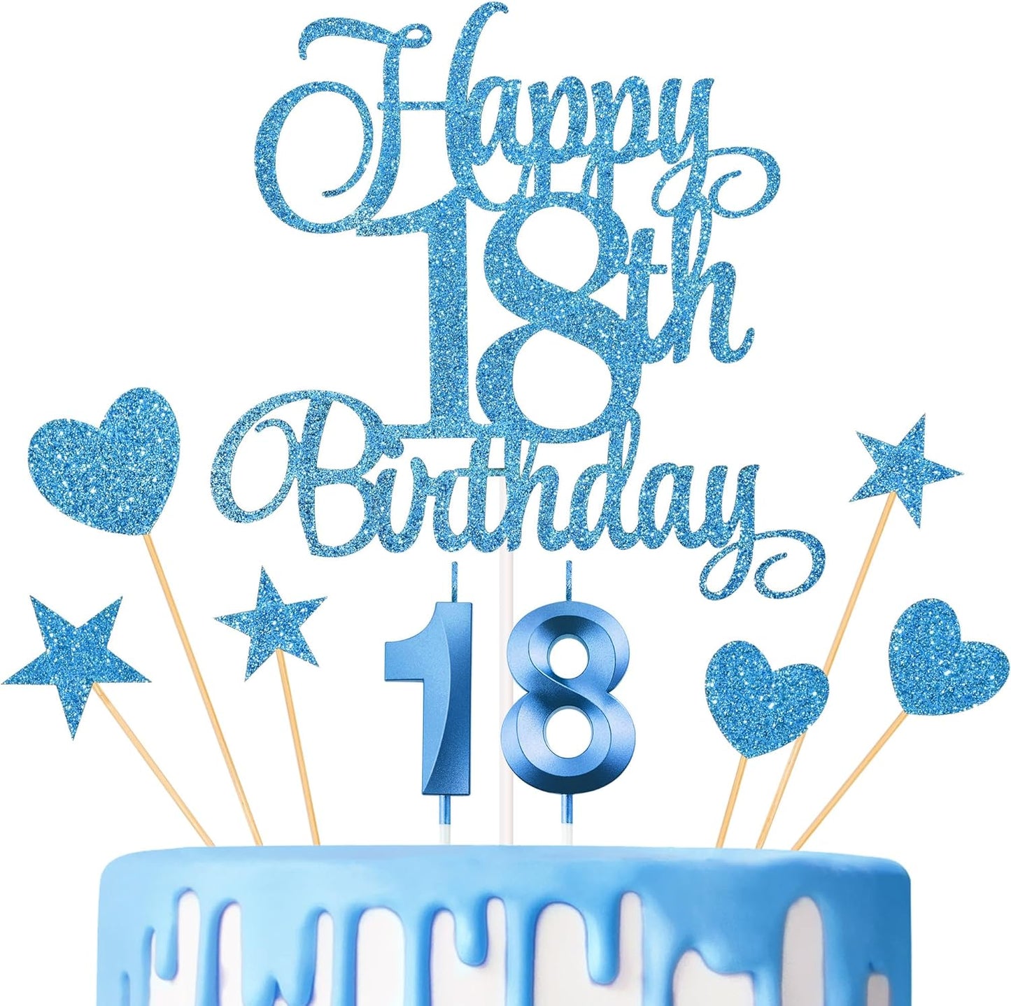 18th Birthday Cake Decorations, 18th Birthday Candles Cake Numeral Candles and Glitter Happy 18th Birthday Cake Toppers Set for Birthday Party Supplies (Blue)
