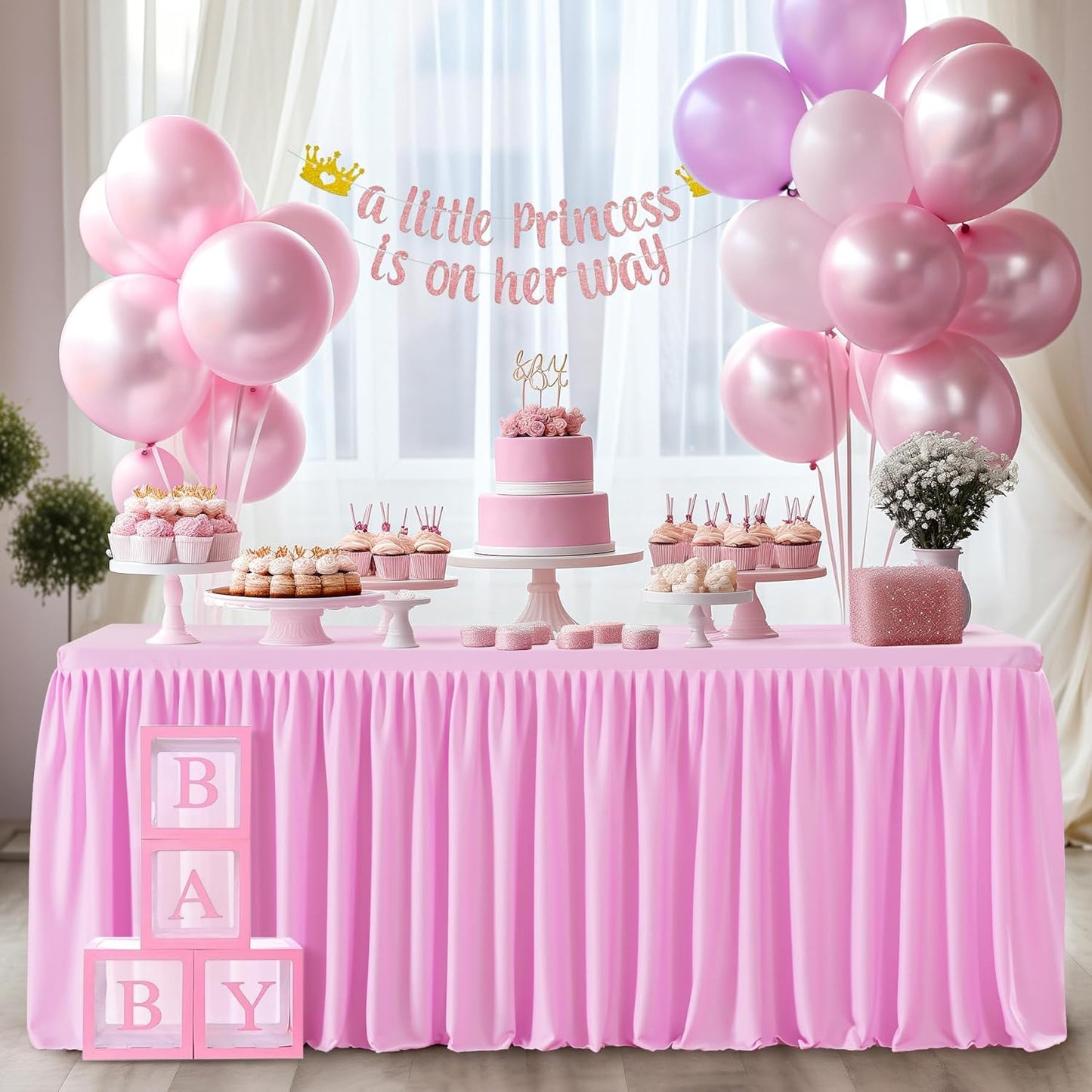 Pink Polyester Table Clothes for 8 Foot Rectangle Tables, Wrinkle Free Fitted Table Cover 8ft Stretch Tablecloths with Skirt for Parties Weddings Birthday Banquet Baby Shower