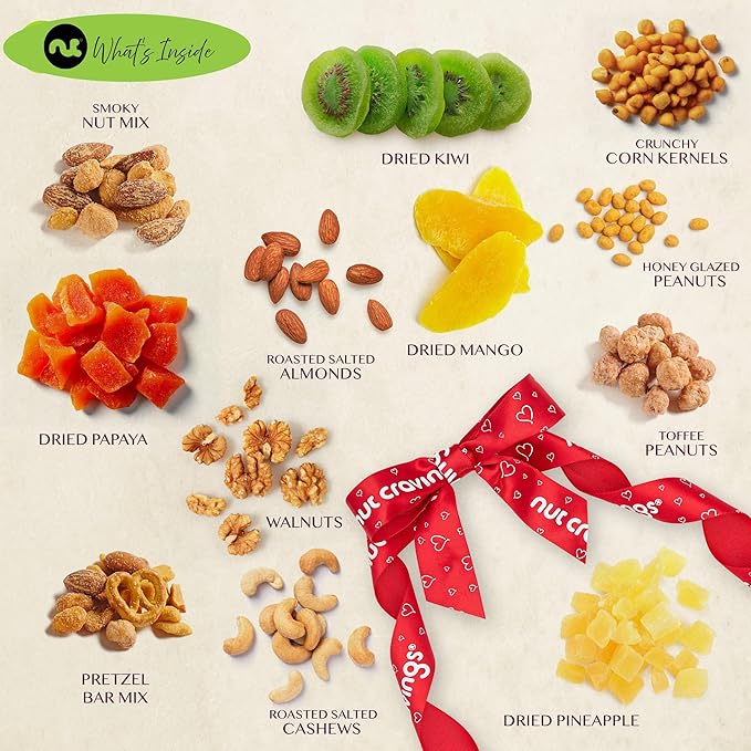 NUT CRAVINGS - Halloween Treats For Adults Dried Fruit & Mixed Nuts Gift Basket in Reusable Wooden Tray + Ribbon (12 Assortments) Holiday Xmas Christmas Food Arrangement, Healthy Snack Care Package,