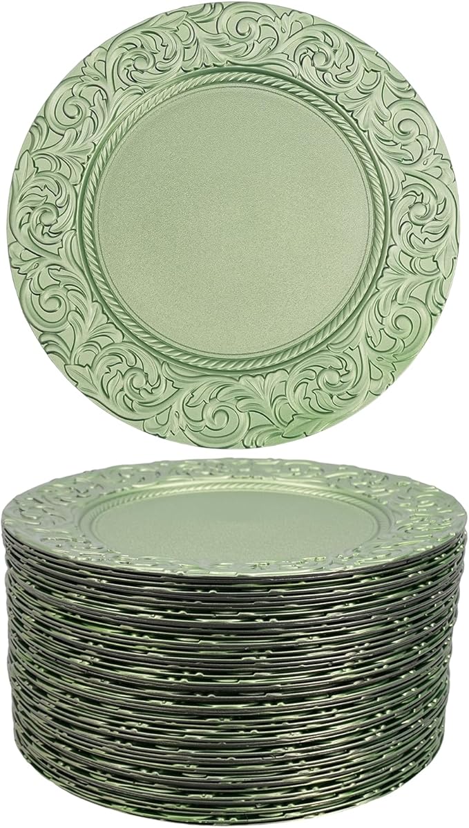 100 Pcs Green Round Charger Plates Bulk, 13 Inch Antique Charger Plate Set Plastic Embossed Dinner Plate for Wedding, Antique Chargers Plates Bulk for Dinner Tabletop Setting Decor (Green)