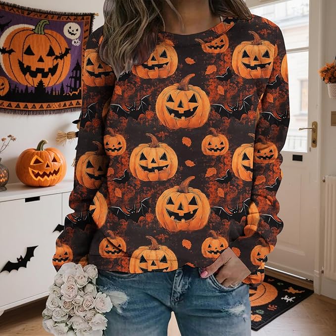 LIZALIG Pullover Cute Sweatshirt Orange Skeleton Fall Festive FunWomens Design Bat Holiday Party Outings Pumpkin Print