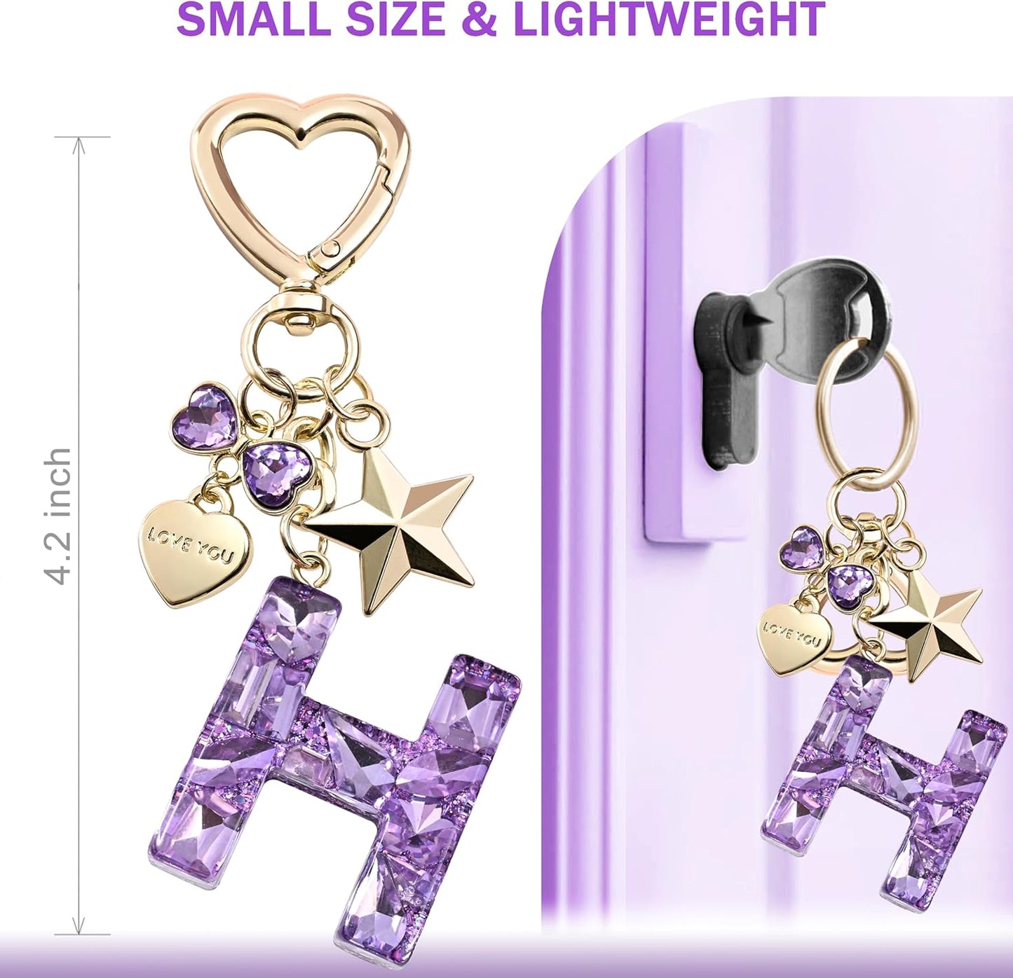 Cute Bling Keychain initial Letter Butterfly Star Pink Purple Gift for Women Girls Bag Cup Charms Accessories