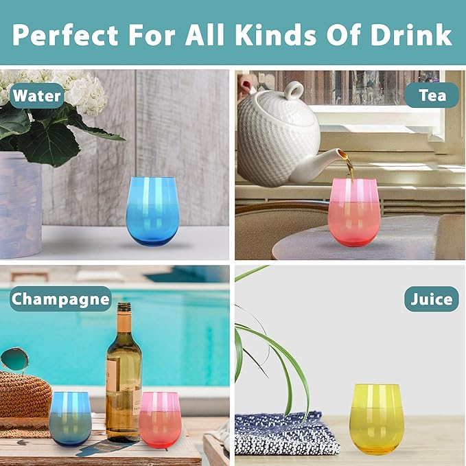 Lily's Home Set of 8 Shatter-Resistant Acrylic Stemless Wine Glasses - 14 oz for Poolside, Parties, Patio & Outdoor Indoor Use, BPA-Free Plastic Drinkware in Mixed Colors