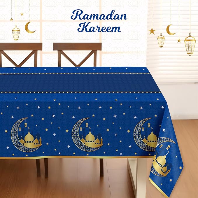 Childom 3 Pack Ramadan Table Cloth,Ramadan Decorations for Home,54" x 108" Eid Mubarak Decorations,Eid Ramadan Tablecloths Rectangular,Blue Plastic Table Cloth Disposable Table Cover for Party Favors