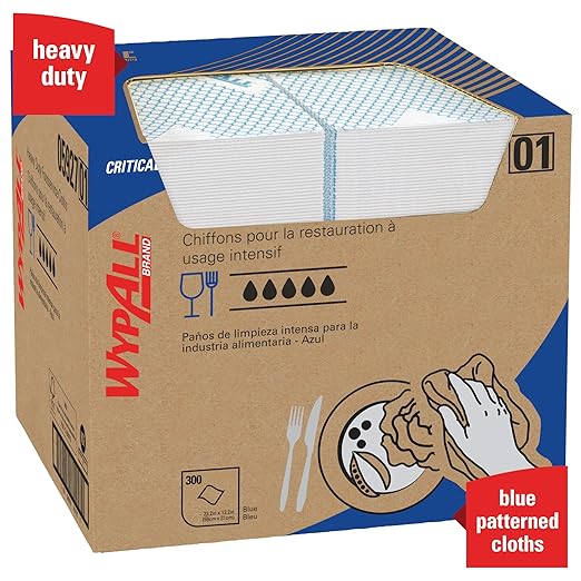 WypAll CriticalClean High Capacity Cloths Heavy Duty Foodservice Wipes (05927), Quarterfold Towels, Blue (1 Box of 300 Sheets, 300 Sheet Total)
