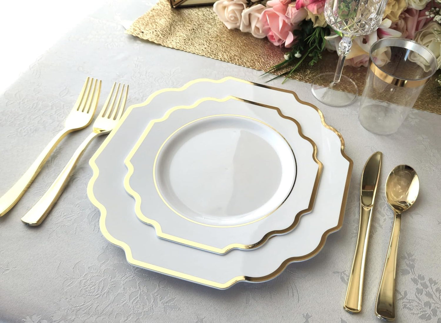 " OCCASIONS " 50 Plates Pack (25 Guests)-Heavyweight Wedding Party Disposable Plastic Plate Set -(25x10.5'' Dinner + 25x8'' Salad/Dessert) (Imperial White & Gold)
