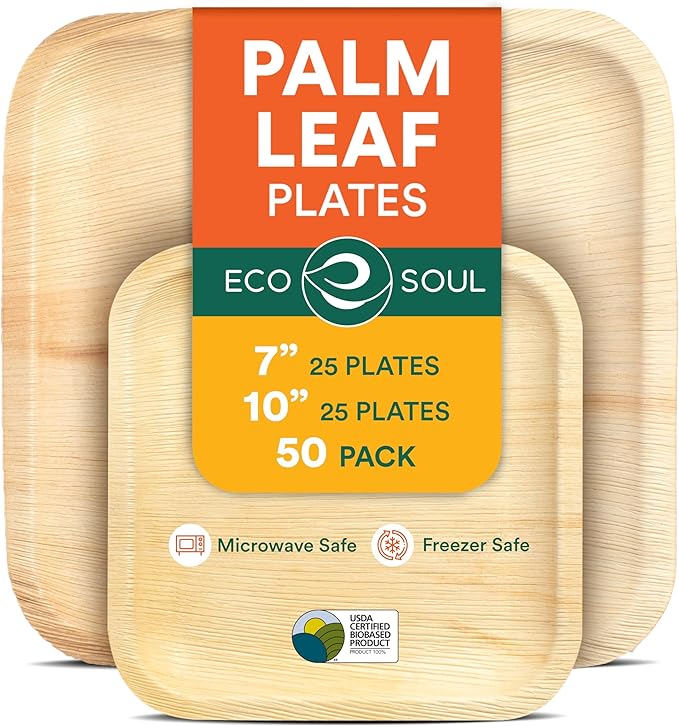 ECO SOUL 7&10 Inch Disposable Palm Leaf Bundle Plates [50 Pack] Premium Food-Safe Heavy Duty Compostable Bamboo Paper Plates for Lunch, Dinner, Weddings, Party, Camping & Catering Events [Square]