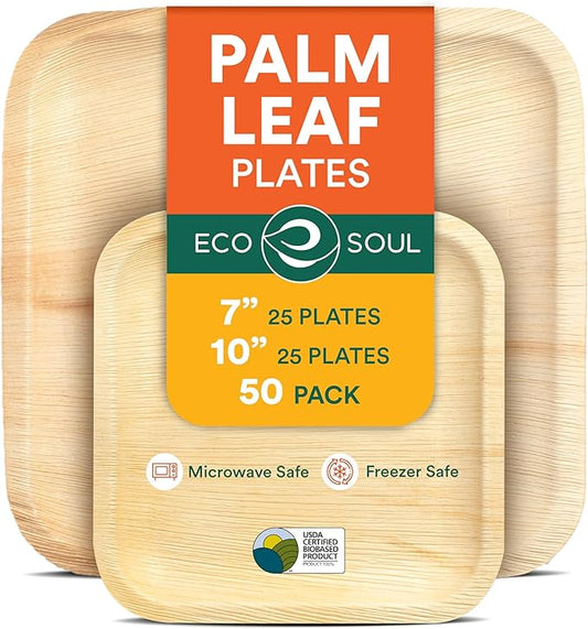 ECO SOUL 7&10 Inch Disposable Palm Leaf Bundle Plates [50 Pack] Premium Food-Safe Heavy Duty Compostable Bamboo Paper Plates for Lunch, Dinner, Weddings, Party, Camping & Catering Events [Square]