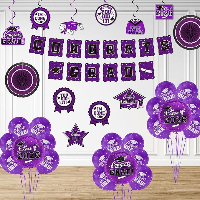 Purple Themed 2026 Graduation Decorations Set - Congrats Grad Banner, Class of 2026 Backdrop, Balloons & Streamers Kit - Complete Party Supplies for High School & College Celebrations