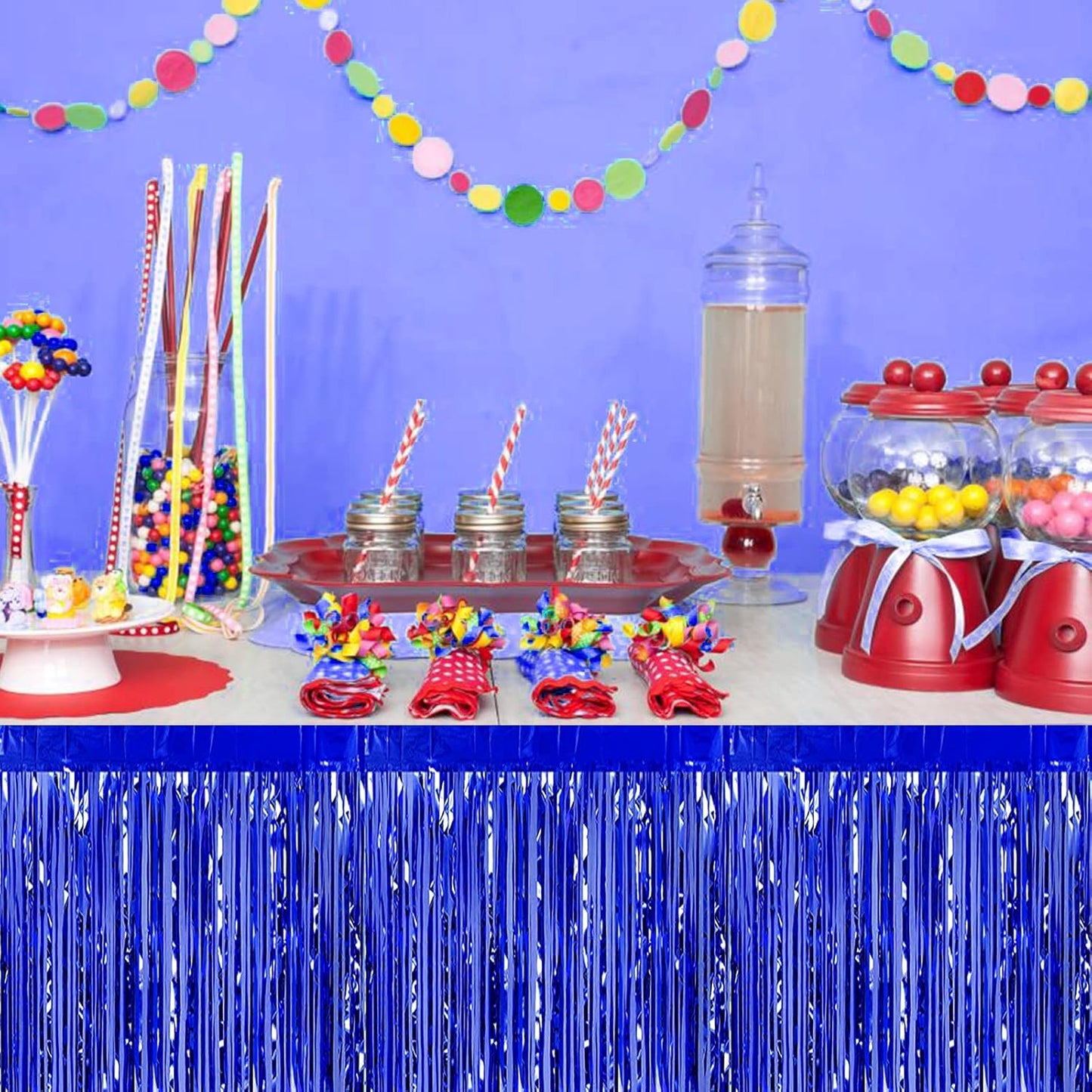 6 Pack 29x108 Inch Blue Metallic Foil Fringe Table Skirts Banner for Tinsel Streamer Garland Curtains Backdrop for Parade Floats Wedding Baby Shower Birthday Christmas Halloween Party Decoration