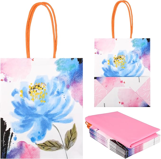 24 Pack Mini Watercolor Floral Paper Gift Bags Small Pink Party Favor Bags with Handles and Tissue Paper for Wedddings, Bridal Baby Showers, Birthdays, Valentines, Mother's Day, 6.5x5.5x3 Inch
