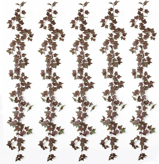 mizii 5 Pack 360" Artificial Vines Ivy Garland Realistic Fake Vine Silk Green Leaves Faux Hanging Plants Greenery Decoration for Outdoors Wedding Party Indoor Mantle Bedroom Home Decor (Purple Green)
