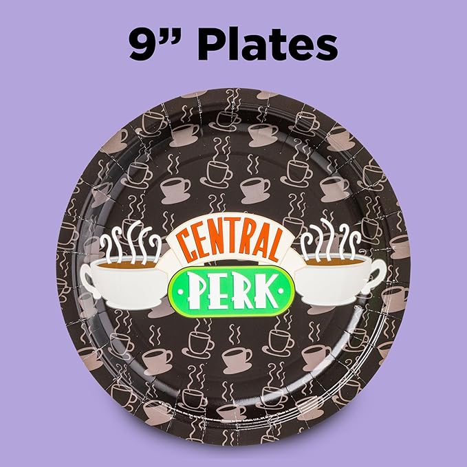 Silver Buffalo Friends Central Perk Iconic Icons and Quotes Pivot 60 Pack Partyware Disposable Paper Plates, Napkins, and Cups