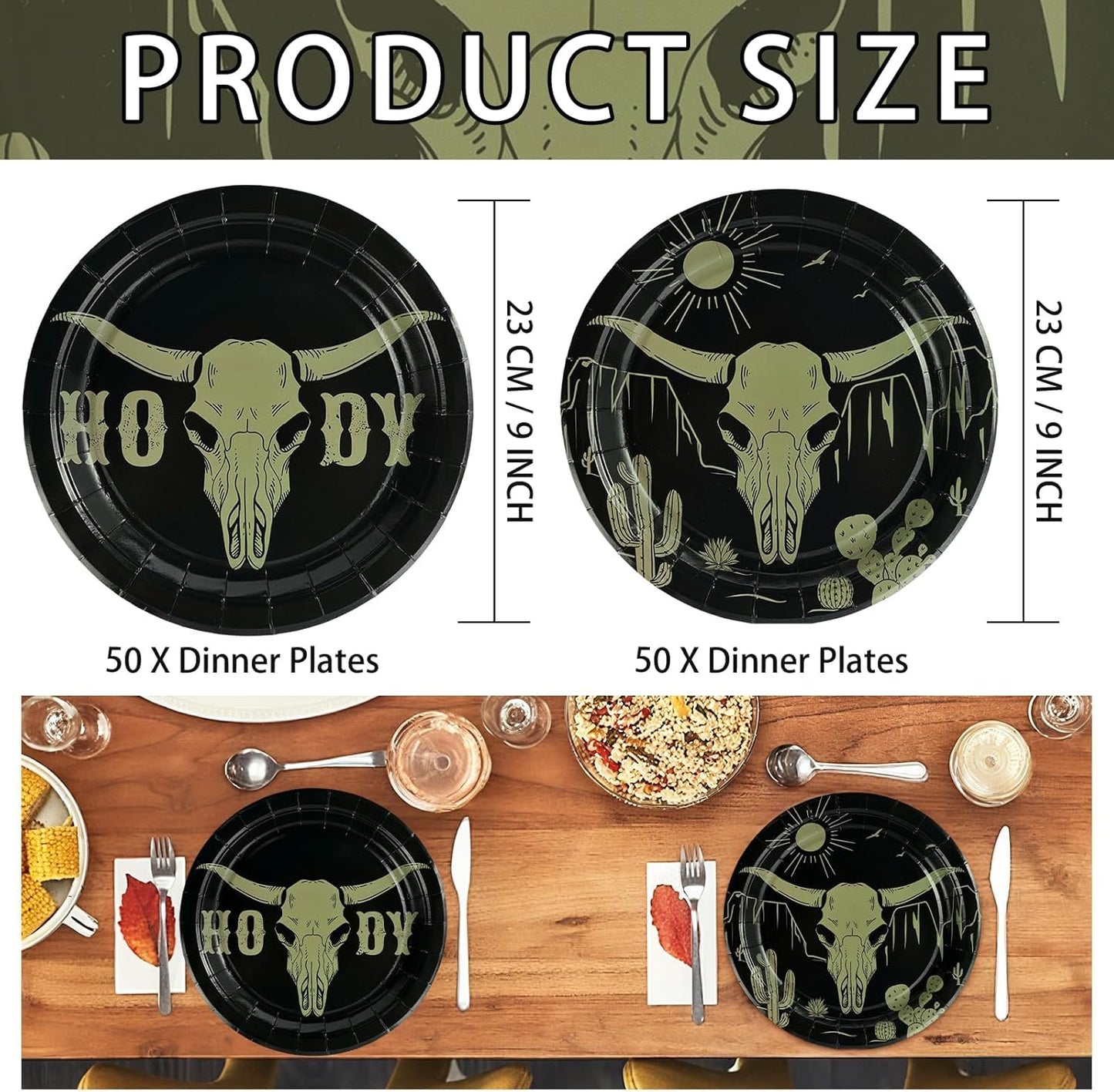 Grencian 50Pcs Cow Skull Decorations 9in Heavy Duty Disposable Western HOWDY Cow Skull Desert Paper Plates For Southwestern Party Supplies