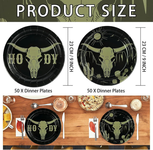 Grencian 50Pcs Cow Skull Decorations 9in Heavy Duty Disposable Western HOWDY Cow Skull Desert Paper Plates For Southwestern Party Supplies