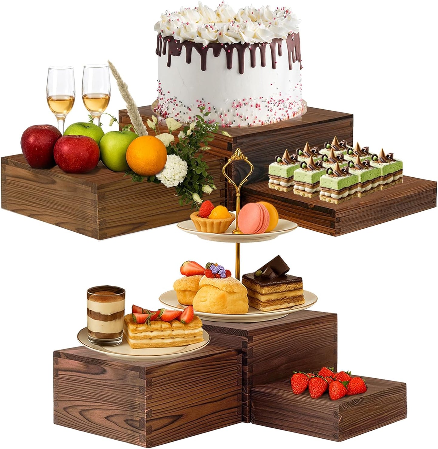 6-Pack Wood Risers Display Stands, Multi-Height Food Risers for Buffet Table, Rustic Wooden Cake & Cupcake Stands for Party, Birthday, Wedding, Halloween Decor