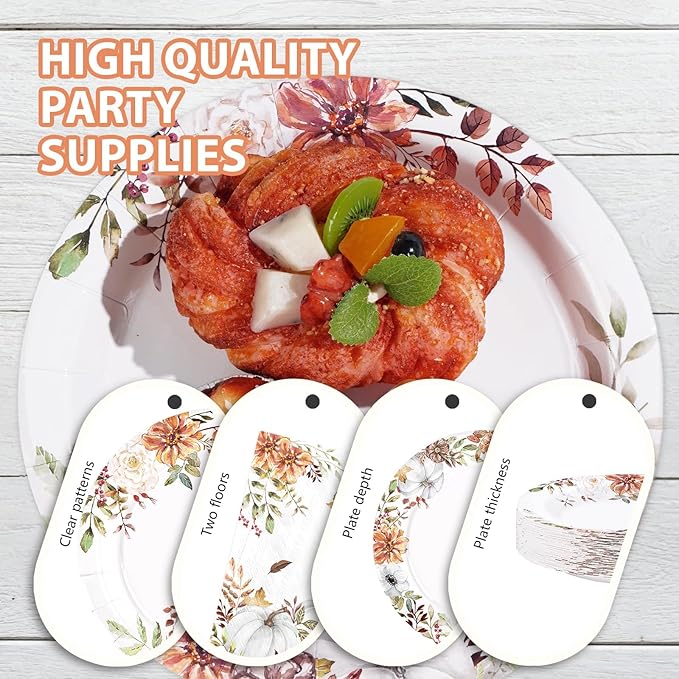 Grencian 200 Pcs Fall Pumpkin Paper Plates Watercolor Pumpkin Floral Platters Disposable White Pumpkin Decorative Tableware for Thanksgiving Harvest Wedding Birthday Party Decor Supplies Serves 50