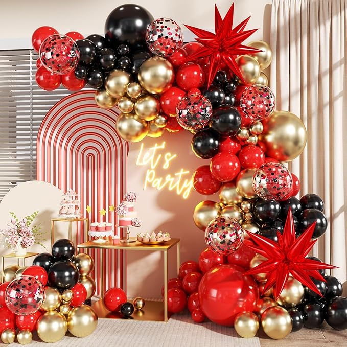 Red and Black Gold Balloon Garland Arch Kit, 140Pcs Red Black Metallic Gold Confetti Balloons With Stars for Birthday Wedding Birdal Shower Anniversary Graduation Casino Party Decorations