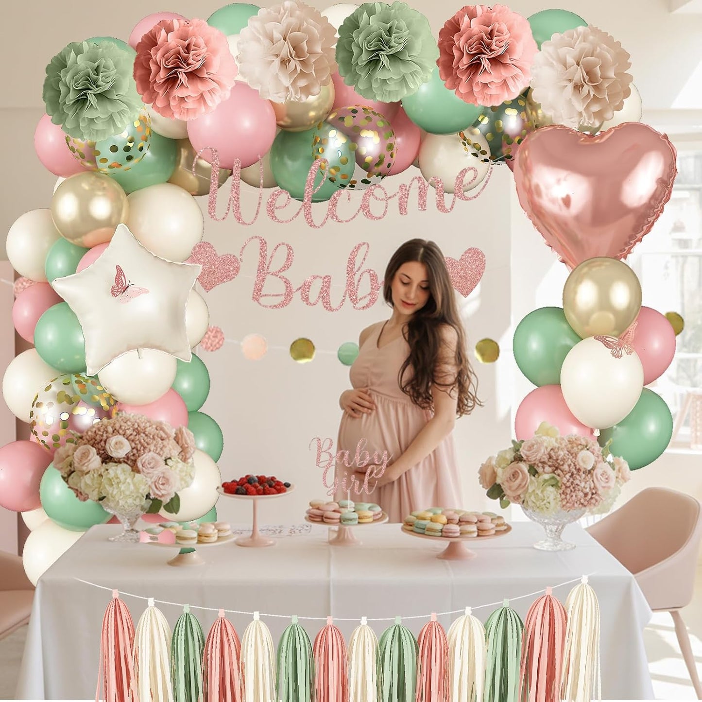 Baby in Bloom Baby Shower Decorations, Sage Green Dusty Blush Pink Gold Sand White Latex Confetti Balloons with Banner Cake Topper Pom Poms Tassel for Girls Boho Fairy Floral Birthday Party Decoration