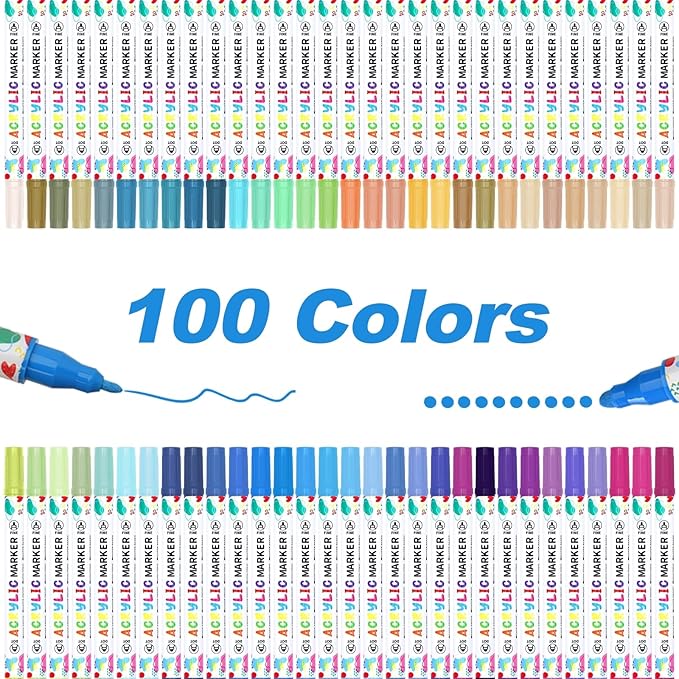 KEMYR 100 Colors Acrylic Paint Pens, Dual Tip Acrylic Paint Markers for Paper, Wood, Canvas, Stone, Rock Painting, Glass, Fabric, DIY, Ceramic, Art Supplies for Adults Drawing (Dot + Fine)
