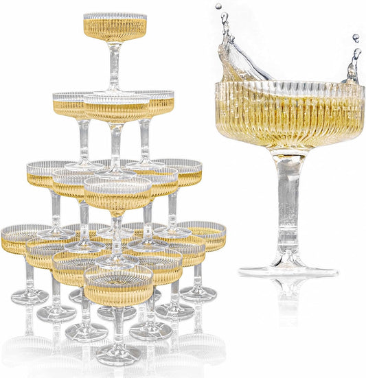 ACRYLIC Champagne Tower - 7oz. Set of 20 Champagne Flutes Plastic - For Weddings & Parties - Plastic Coupe Glasses - Clear