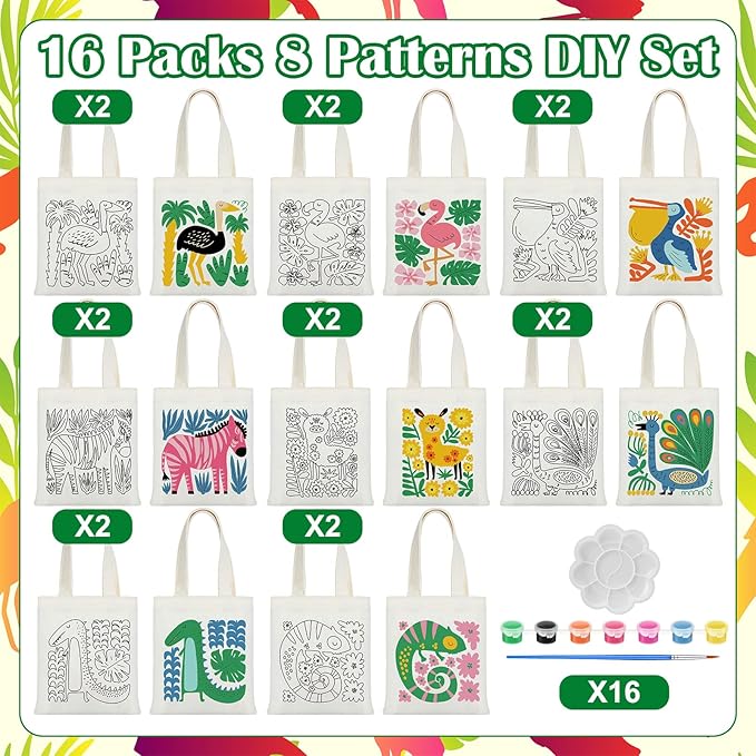 Aliceset 16 Pcs Color Your Own Bag Canvas Tote Bag for Painting 7.9'' x 8.6'' Mini Doodle DIY Craft Gift Reusable Cotton Bulk