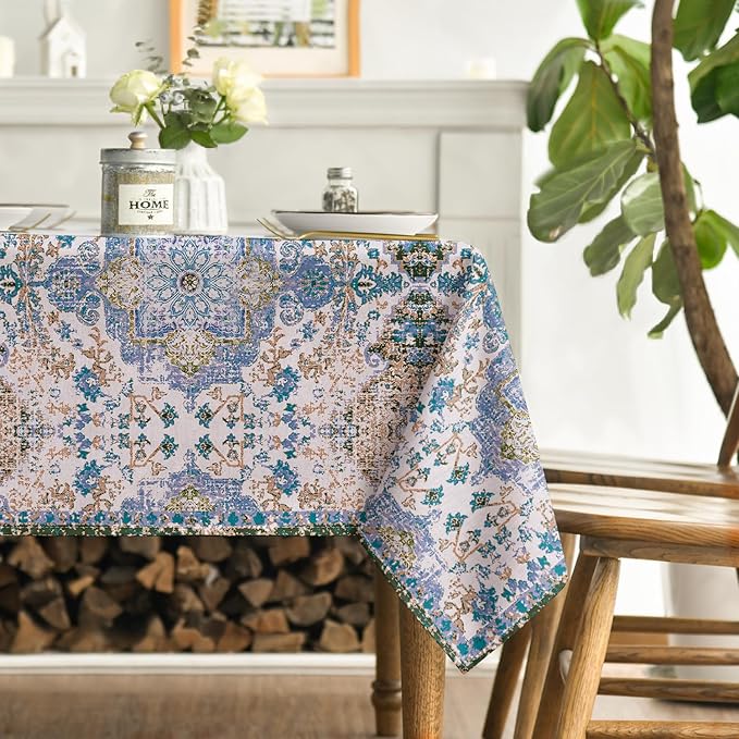 Horaldaily Boho Bohemia Style Tablecloth 60×60 Inch Square, Blue Vintage Country Rustic Farmhouse Magical Fall Orange Washable Seasonal Table Cover for Party Picnic Dinner Decor