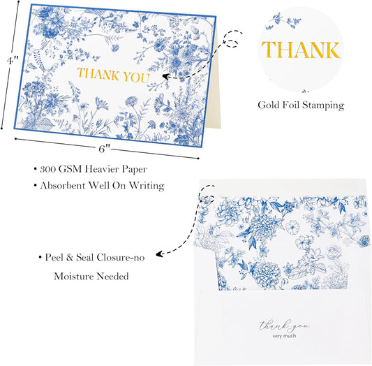 Crisky 50 Pack Blue Floral Thank You Cards Gold Foil Greeting Notes Bulk with Envelopes & Stickers for Birthday, Baby Shower, Bridal Shower, Wedding, Graduation, Business